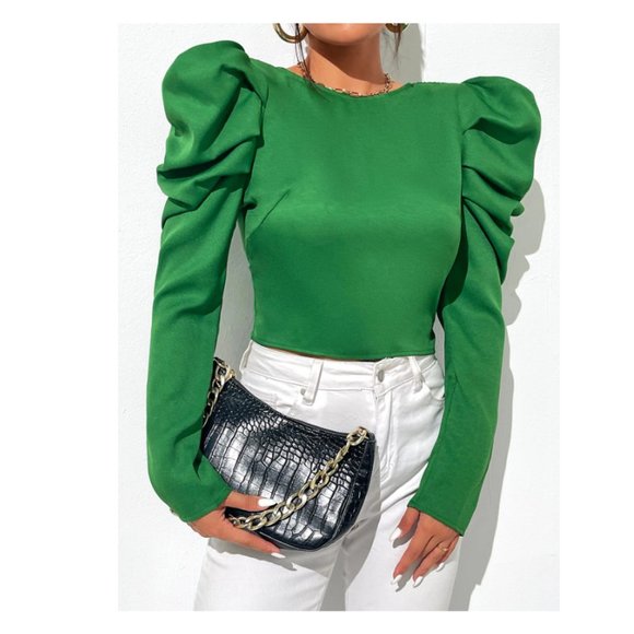 SHEIN Gigot Sleeve Drawstring Back Crop Shirt in Green Size M NWT - Picture 4 of 7